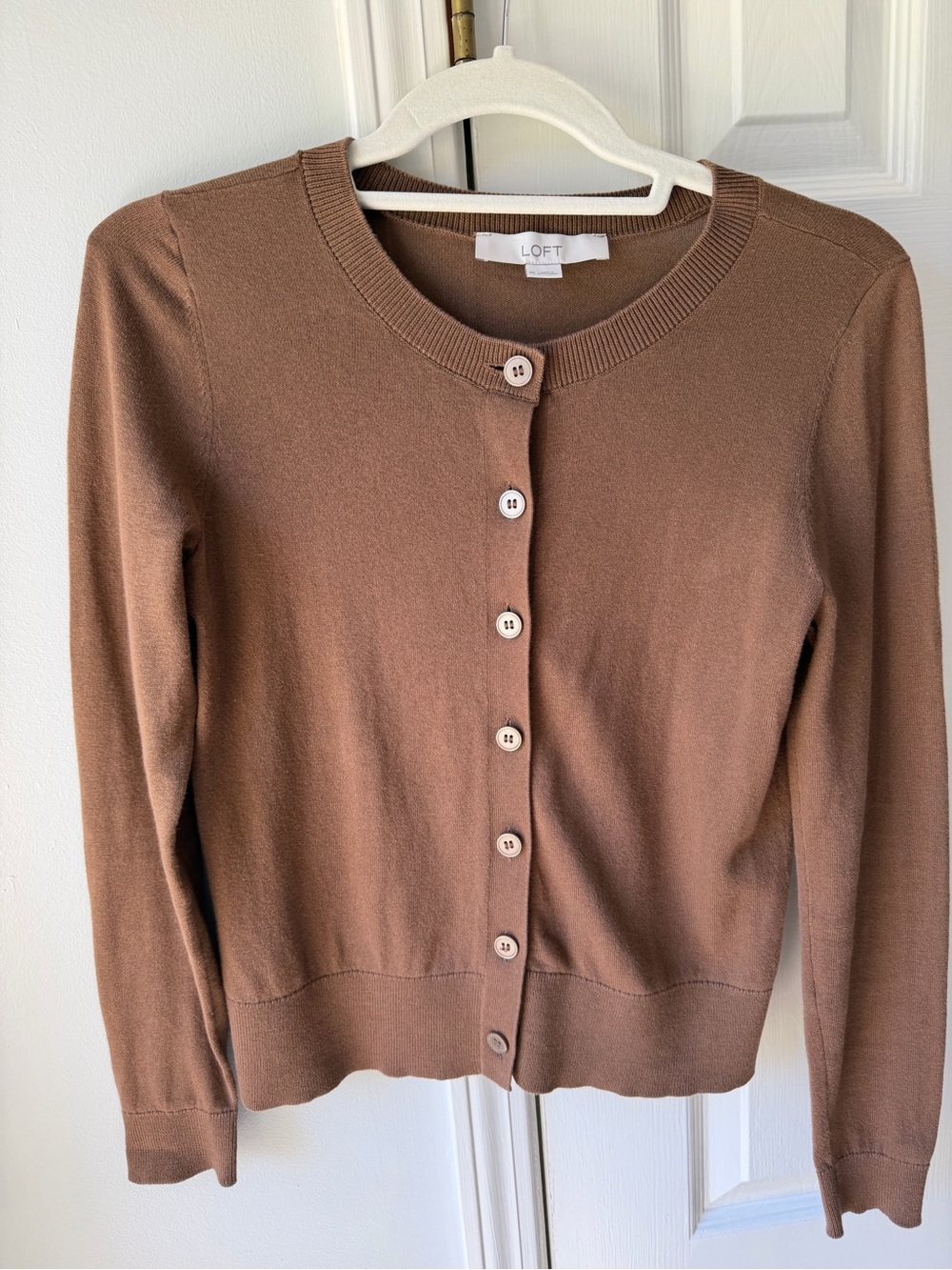 LOFT Brown Button-Front Crewneck Cardigan